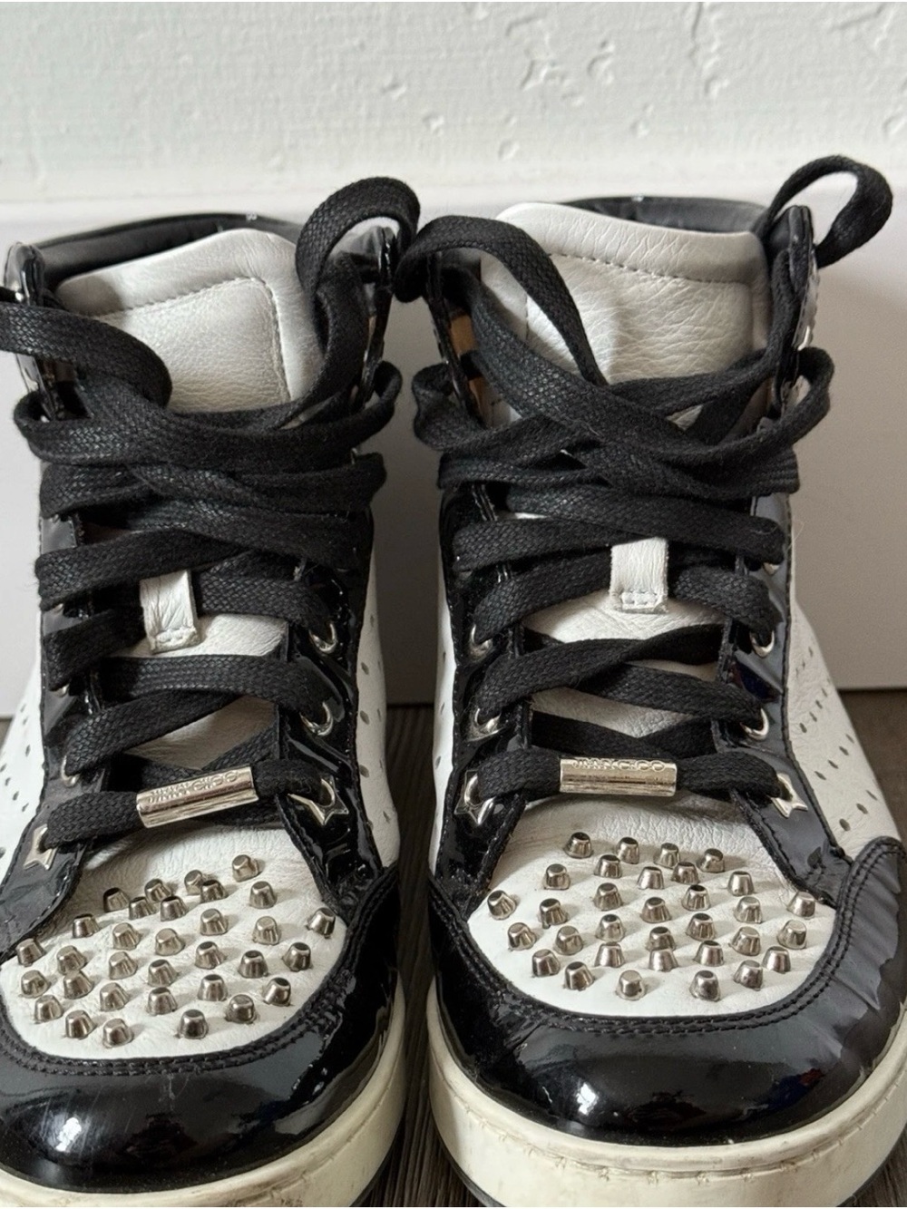 Jimmy Choo Black and White Studded High-Top Sneakers ladies 5.5 leather. No box